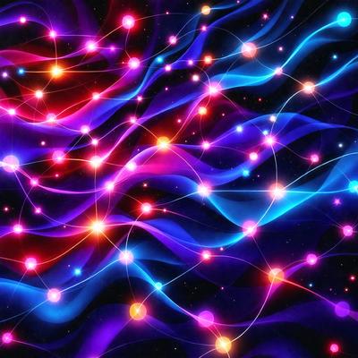 The primary subject of the image is a vibrant and colorful display of neon lights. The setting is a dark background, which contrasts with the bright and lively colors of the neon lights. The visual style is a digital art or illustration, as the lights are depicted in a patterned and swirling manner. The dominant colors are purple, blue, and orange, creating a lively and energetic atmosphere.